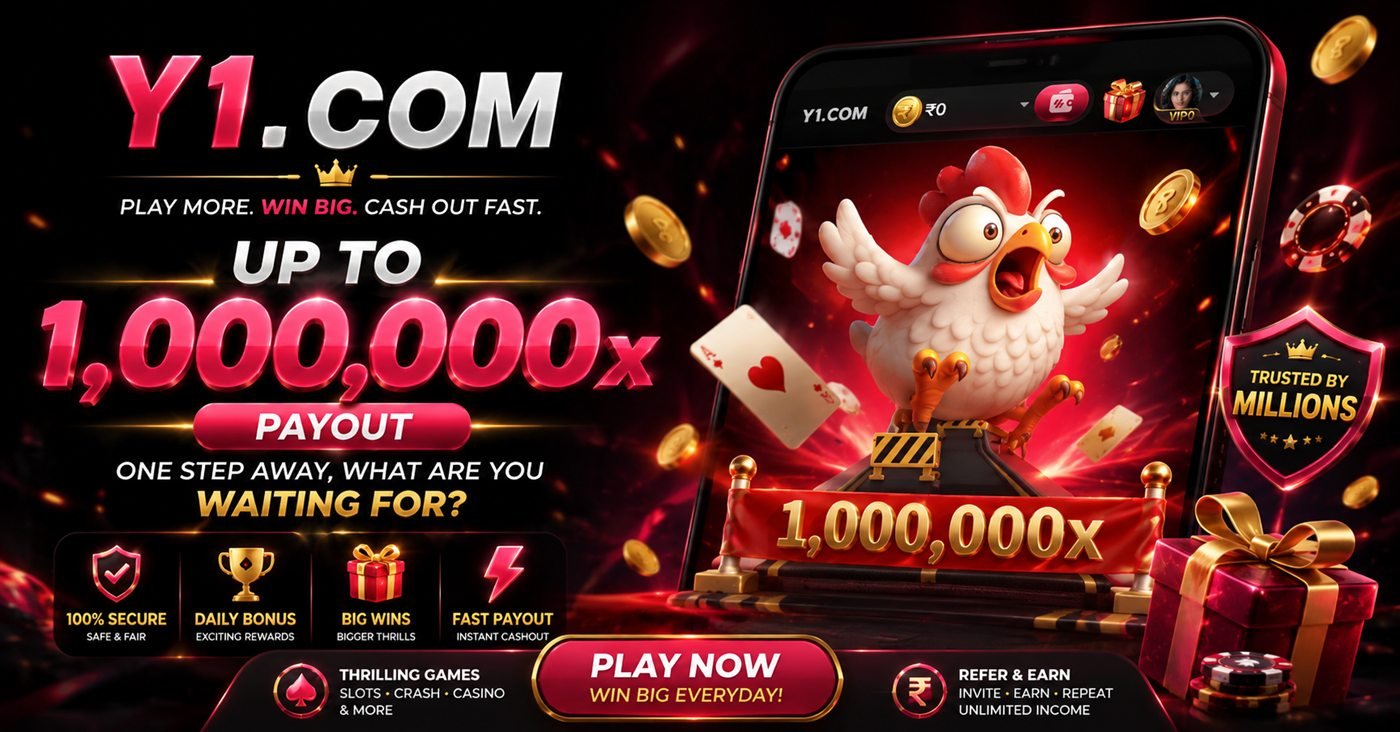 Y1 Game official banner — play more, win big, cash out fast. Up to 1,000,000x payout, 100% secure, daily bonus, big wins and fast payouts on the Y1 Game app.